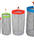 Mesh Stuff Sack Set Of 5 Ultralight Drawstring Gear Pouches in different sizes and colors, for backpacking and travel, organized view.