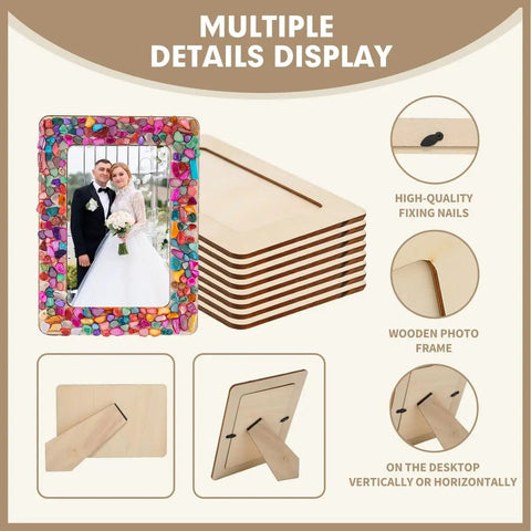 Fun DIY Mosaic Photo Frame Kit For 4x6 Photos 8 Unfinished Wooden Frames With Mosaic Tiles And Included Glue Finger Cots And Spreader Tools showing frame details and placement options.