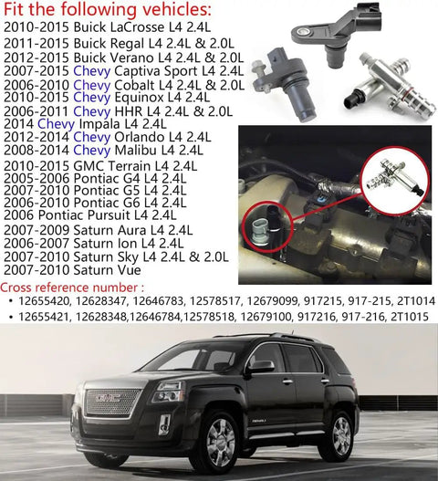 VVT Intake And Exhaust Camshaft Position Actuator Kit With Cam And Crankshaft Sensors For 2.0L 2.2L 2.4L GM Cars Including Equinox Malibu Cobalt HHR Aura Terrain Verano G6 Pontiac Saturn, black and silver sensors