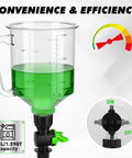 No Spill 20 Piece Engine Oil Funnel Kit with green liquid and on-off valve, 1.59QT capacity marked on transparent funnel.
