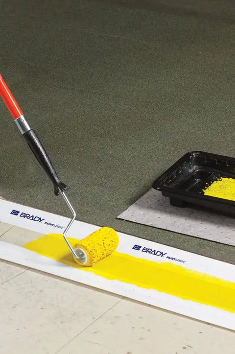 High Adhesion Floor Marking Stencil With Continuous Line For Rough Textured Surfaces, 0.25 In Height, 4 In Width, 1200 In Length, Polyester Clear White, Easy Measuring With Printer Markings For Precise, Clean Paint Lines In Busy Warehouses, painting yellow floor line