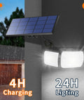 Outdoor Solar Flood Lights With Remote Control 3 Head Motion Sensor Flood Lights IP65 Waterproof in rain showing solar panel