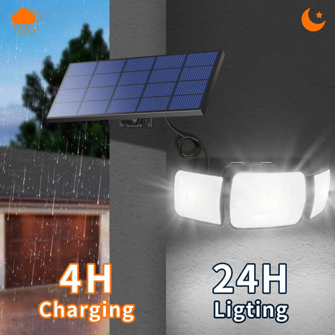 Outdoor Solar Flood Lights With Remote Control 3 Head Motion Sensor Flood Lights IP65 Waterproof in rain showing solar panel