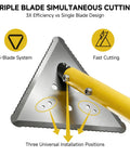 Extendable Pond Weed Cutter Kit With A Three-Sided Blade And Aluminum Poles For Cattails And Garden Weeds Angled Cutting Without Repositioning Durable Yellow Tool For Quick Yard Cleanup And Lawn Pond Maintenance. close-up of triangular 3-sided steel blade with yellow pole