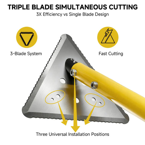 Extendable Pond Weed Cutter Kit With A Three-Sided Blade And Aluminum Poles For Cattails And Garden Weeds Angled Cutting Without Repositioning Durable Yellow Tool For Quick Yard Cleanup And Lawn Pond Maintenance. close-up of triangular 3-sided steel blade with yellow pole