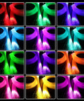 Dual Port 16W Twinkle Fiber Optic Starlight Light Engine with RGBW Beads showing multiple color variations in grid format.