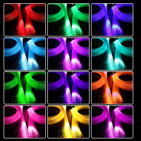 Dual Port 16W Twinkle Fiber Optic Starlight Light Engine with RGBW Beads showing multiple color variations in grid format.