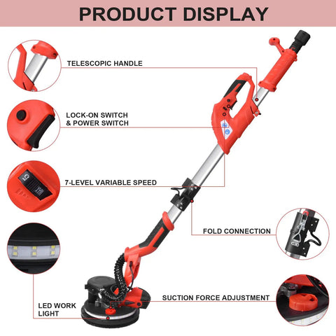 Drywall Sander With Vacuum System, 800W Electric Sander With 7 Variable Speeds 800-1750 RPM, LED Work Light and Extendable Handle