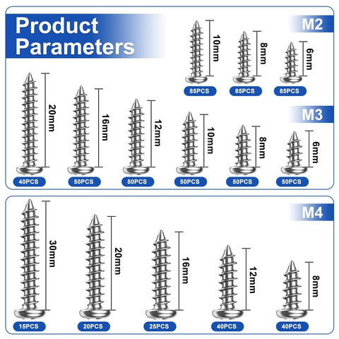 Self Tapping Wood Screws Set 685Pcs M2 M3 M4 Phillips Pan Head Assortment Kit 14 Sizes For DIY Plastic Wood Soft Metal And Sheet Metal Cross Recessed Drive Carbon Steel With Black Zinc Finish Built Tough And Rust Resistant. Product parameters chart with M2 M3 M4 screw sizes