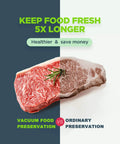 Comparison of steak with vacuum preservation on the left and ordinary preservation on the right, Precision Vacuum Sealer Machine For Food Freshness Pro Grade 8 In 1 Presets With Dry Moist Soft Delicate Modes Starter Kit Included Compact Silver Design Powerful Motor And Reliable Heat Wire Save Money And Keep Food Fresher Longer