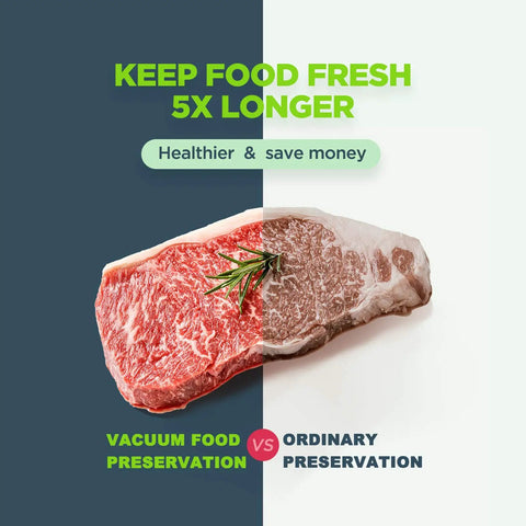 Comparison of steak with vacuum preservation on the left and ordinary preservation on the right, Precision Vacuum Sealer Machine For Food Freshness Pro Grade 8 In 1 Presets With Dry Moist Soft Delicate Modes Starter Kit Included Compact Silver Design Powerful Motor And Reliable Heat Wire Save Money And Keep Food Fresher Longer