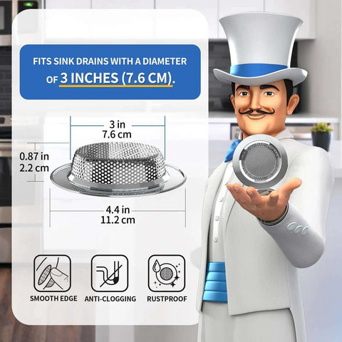 Stainless Steel Kitchen Sink Strainer No Fuss Dishwasher Safe Drain Filter fits 3 inch diameter sink, 4.4 inch outer diameter shown.