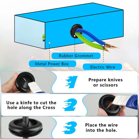 Rubber grommet installation over electric wires in a metal power box, demonstrating step-by-step usage of the Six Pack Heavy Duty Rubber Cable Grommets For Wiring And Firewalls Quick Cut Open Design Fits One Half Inch Drill Holes With Plenty Of Legit Protection Keeps Your Setup Secure No Sweat For Trucks Rigs And Shop Projects.
