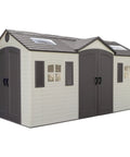 15 By 8 Ft Dual Entry Outdoor Storage Shed With HDPE Dual Wall Construction Steel Reinforced Frame UV Protected Weather Resistant Skylights Windows And Shelving In Desert Sand