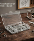 2 Lb Iron Screw And Nut Assortment Kit With 24 Sizes In Durable PP Case 660 Pieces For 3D Printer Builds DIY Repairs Home Projects Heavy Duty Fasteners Ready To Go open PP case with iron screws and nuts on workbench