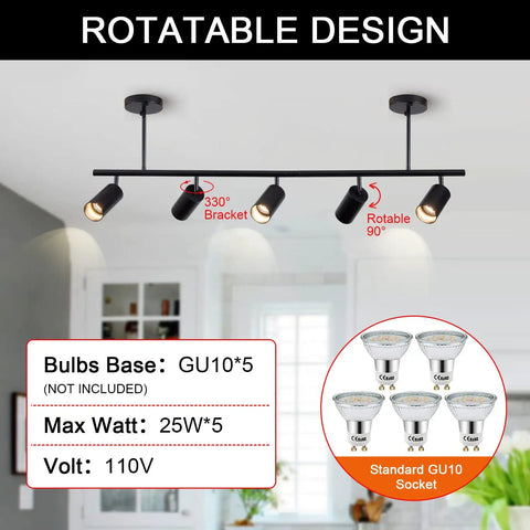5 Light LED Track Lighting Kit In Black With Flexible Rotatable Heads in a modern room showing rotatable brackets and bulb specs.