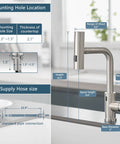 Slick Hands Free Kitchen Sink Faucet With Pull Down Sprayer And Waterfall Flow Featuring 360 Degree Swivel Design and No Sweat Auto Shut Off Feature for Everyday Home Cooking Tasks dimensions and specifications.