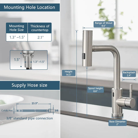 Slick Hands Free Kitchen Sink Faucet With Pull Down Sprayer And Waterfall Flow Featuring 360 Degree Swivel Design and No Sweat Auto Shut Off Feature for Everyday Home Cooking Tasks dimensions and specifications.