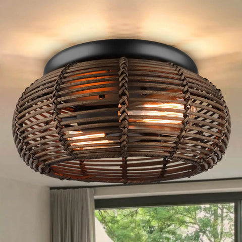 2 Light Rattan Ceiling Light 12.6 Inch Semi Flush Mount Handwoven Boho Brown Farmhouse Cage Fixture glows on ceiling