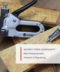 Heavy Duty Upholstery Staple Gun 4 In 1 Stapler With 2000 Staples Manual Brad Nailer Power Adjustment in use on wood