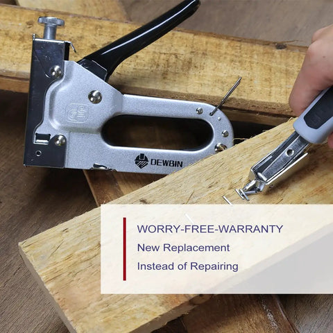 Heavy Duty Upholstery Staple Gun 4 In 1 Stapler With 2000 Staples Manual Brad Nailer Power Adjustment in use on wood