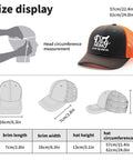 Dog Mom Era Themed Lightweight Summer Trucker Cap with size display chart showing dimensions and head circumference