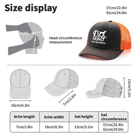 Dog Mom Era Themed Lightweight Summer Trucker Cap with size display chart showing dimensions and head circumference