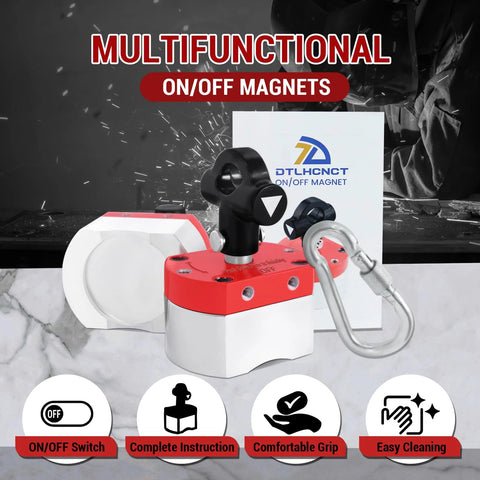 DTLHCNCT 180 lb ON/OFF magnet welding holder with carabiner, front view, red top, white base