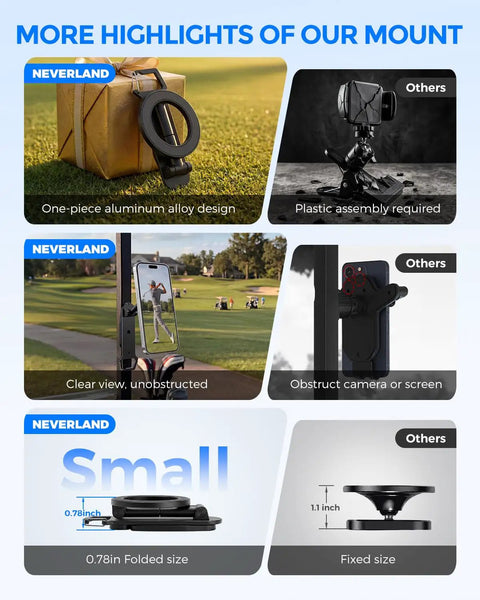 Comparison of aluminum and plastic golf cart phone holder design features with foldable size for Universal Magnetic Golf Cart Phone Holder With 360 Degree Rotating Mount For MagSafe iPhone And Android Hands Free GPS And Swing Video View Foldable Phone Clamp Fits Club Car EZGO Yamaha Must Have Gift For Men Dad Golfers.