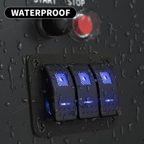 Waterproof 12V Marine Switch Panel With 3 Gang Rocker Switches, Blue LED Illumination, Aluminum Prewired Toggle Panel For Boat
