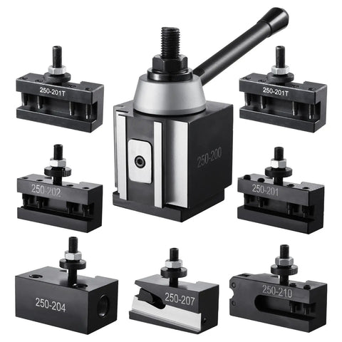 8-Piece Quick Change Tool Post Set for 10 to 15 inch lathes, includes tool holders and turning tool accessories