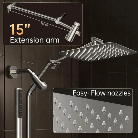 Enhanced High Pressure Handheld Shower Head With Anti Clog Nozzles For A Powerful Spa Like Shower Spray Easy Install And Durable Silver Black Finish With Adjustable Settings And Leak Free Design, 15-inch extension arm, easy-flow nozzles close-up
