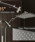 12 Inch Dual Rain Shower Head Combo With 5 Settings High Pressure Handheld Matte Black Rainfall Shower Head With Adjustable Extension Arm And 70 Inch Hose showing 15 inch arm and easy-flow nozzles.