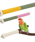 Top Shelf 3 Piece Natural Wood Bird Perch And Chew Toy Set For Cockatiels Budgies Parakeets with vibrant hemp rope and a green parakeet.