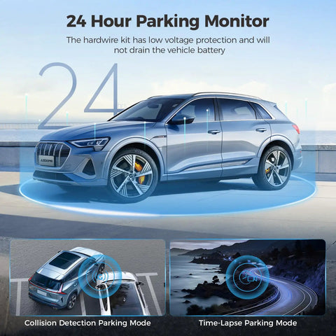 Dual Dash Cam Front And Rear With Free 64GB Card 3 Inch Screen Car in 24 Hour Parking Mode with safety features.