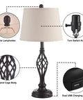 Vintage Table Lamps Set Of 2 With Dual USB Charging Ports, Farmhouse Nightstand Lights, 27 Inch Retro Spiral Cage Base, detail view