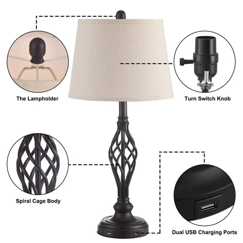 Vintage Table Lamps Set Of 2 With Dual USB Charging Ports, Farmhouse Nightstand Lights, 27 Inch Retro Spiral Cage Base, detail view