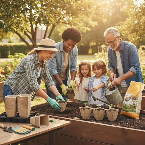 Family gardening with 126 Pack Square Peat Pots 3.15 Inch Seed Starting Pots with drainage, planting seedlings directly.