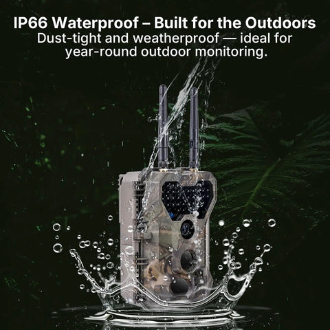 Slick Non Cellular Wifi Trail Camera With Dual Antenna And Beefy 7800 Mah Battery Slings A Lightning Fast Trigger Shot With Killer 64 Mp Pics And Crisp 1296 P Hd Video Plus Ready To Go Memory Card For Zero Headache Outdoor Scouting in waterproof design with water splashing around it.