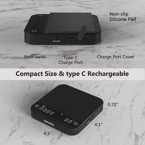 Ultra Precise Coffee Scale With Auto Timing And Rechargeable Battery, shown with Type-C port and non-slip pad.