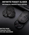 Infinity Stainless Steel Fidget Slider EDC Toy For Adults With Ratchet Sound And Haptic Feedback, black design on desk