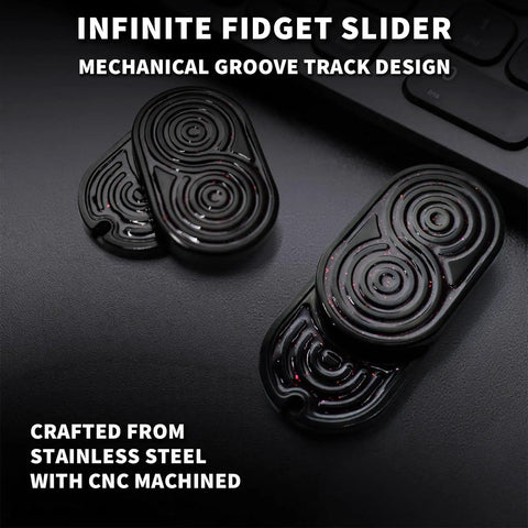 Infinity Stainless Steel Fidget Slider EDC Toy For Adults With Ratchet Sound And Haptic Feedback, black design on desk