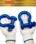 Hands holding blue powder coated Three Quarter Bow Shackle Set Heavy Duty Forged Steel Off Road Shackles 28.5 Ton Max Break Strength