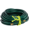 Coiled green garden hose secured with a Gear Tie Mega Rubber Twist Tie 32 Inch Bright Orange For Heavy Duty Tying And Organization Reusable With Strong Bendable Wire Core Will Not Scratch Surfaces Durable Grip That Holds Its Shape.