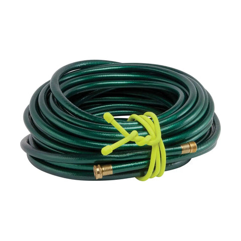 Coiled green garden hose secured with a Gear Tie Mega Rubber Twist Tie 32 Inch Bright Orange For Heavy Duty Tying And Organization Reusable With Strong Bendable Wire Core Will Not Scratch Surfaces Durable Grip That Holds Its Shape.