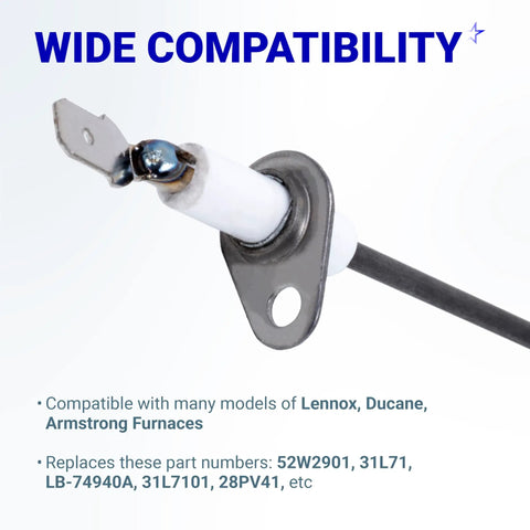Ultra Durable 52W29 Furnace Flame Sensor Replacement For Lennox Armstrong And Ducane Furnaces Replaces 52W2901 LB47940A 31L71 31L7101 Easy Install High Reliability And Quick Diagnostics close-up showing metal sensor tip and mounting bracket