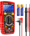 Red All In One Digital Multimeter Tester with leads and batteries, measures AC DC voltage and current, resistance, frequency for home DIY.