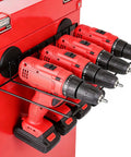 Heavy Duty Magnetic Power Tool Organizer And Drill Holder Wall Mount For Cordless Tools 50 lb, holding red drills