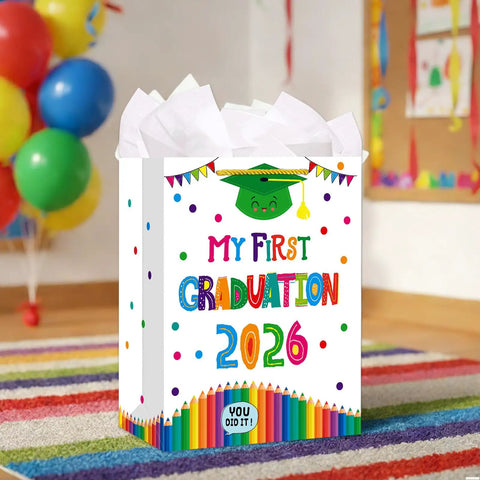 11-Inch Preschool Graduation Gift Bag with Tissue, colorful design for kindergarten celebration, sturdy cardstock, 2026 print.