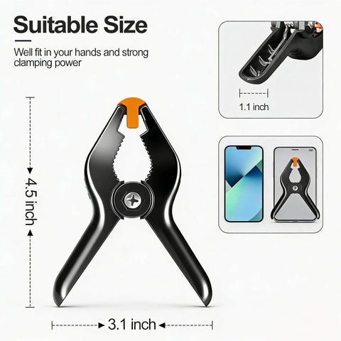 12 Pack Heavy Duty 4.5 Inch Spring Clamps With Grip Jaw Pads For Photography Studio Backdrops And Carpentry Projects, 10 Lb Holding Power, 1.5 Inch Max Opening, Durable Nylon Construction showing clamp size dimensions